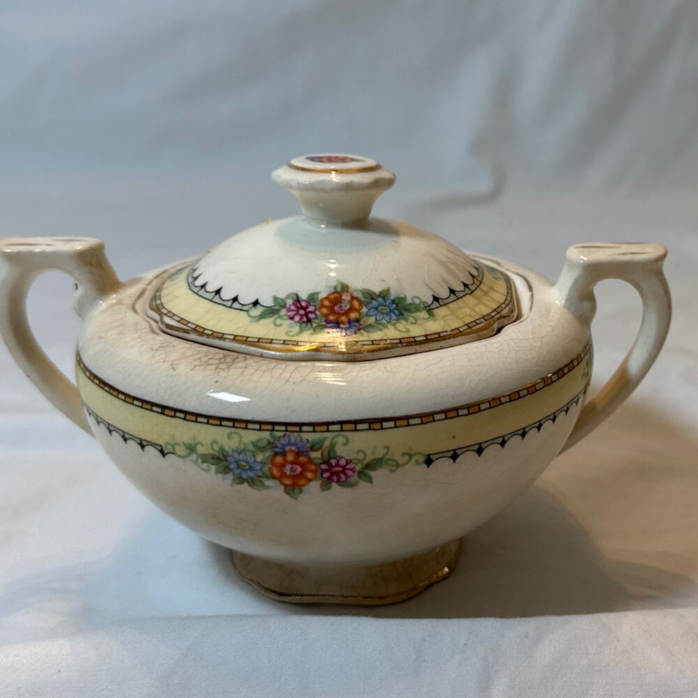 VTG Keystone Porcelain Floral Sugar Bowl with Lid, Glazed, Handles, Collectible